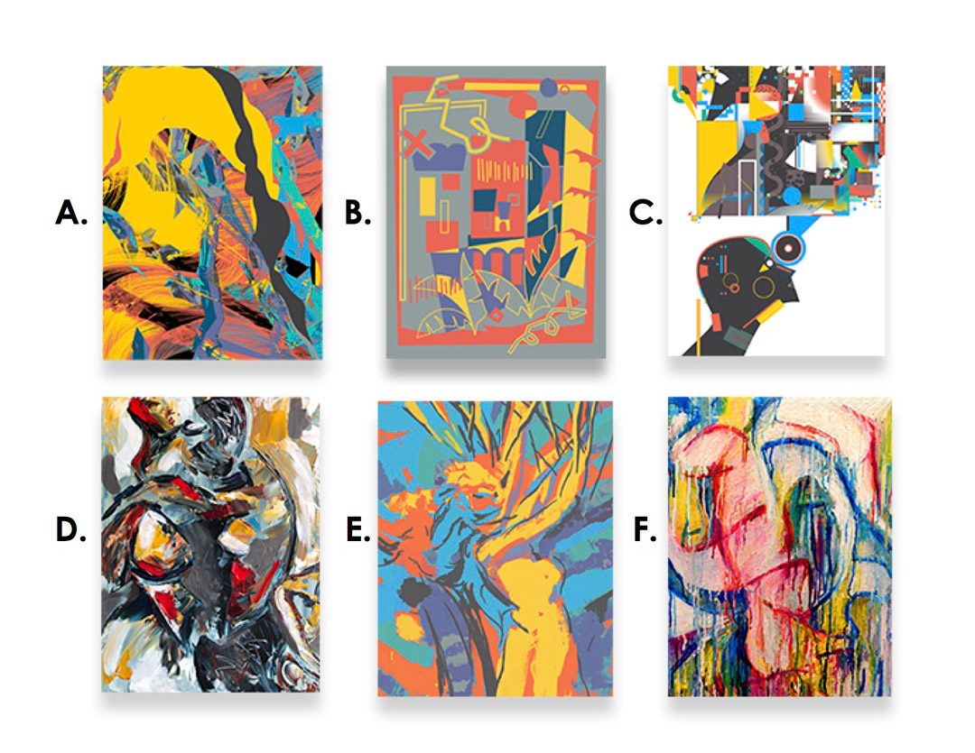 Six abstract artworks in two rows of three, labeled A to F. They include flat digital shapes in yellow, orange and blue, a geometric collage with a head in profile, a loose black, white and red painting, and a dripping pink, red and blue painting.