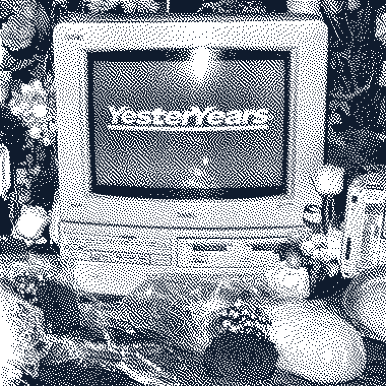 1-bit image: YesterYears brand art: the wordmark on a vintage screen, with roses and lace.