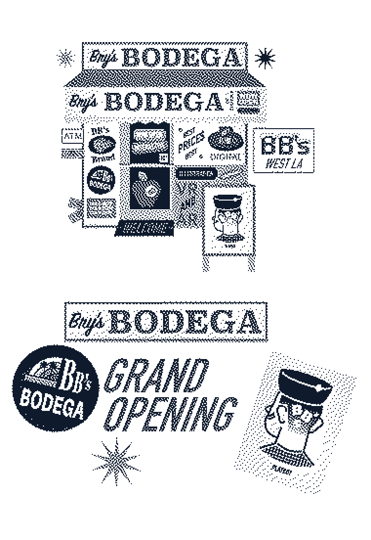 1-bit image: Bry's Bodega signage, 2020: a creative practice sold like a corner store.