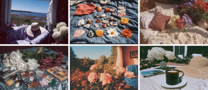 Six AI-made object scenes in one family's palette: a blanket and shells by the sea, autumn leaves, hydrangeas, a quilt and a mug.