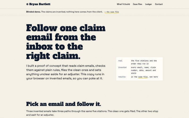 The claims demo page: Follow one claim email from the inbox to the right claim, beside a panel of what is real and what is invented.