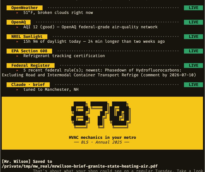 A terminal running mrwilson: live rows for OpenWeather, OpenAQ, NREL sunlight, EPA Section 608 and the Federal Register, then a large yellow 870, the HVAC mechanics in the metro.