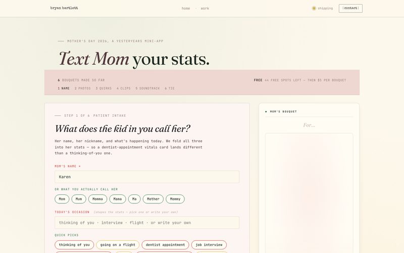 The Text Mom Your Stats page: a form asking what the kid in you calls her, with answer chips.