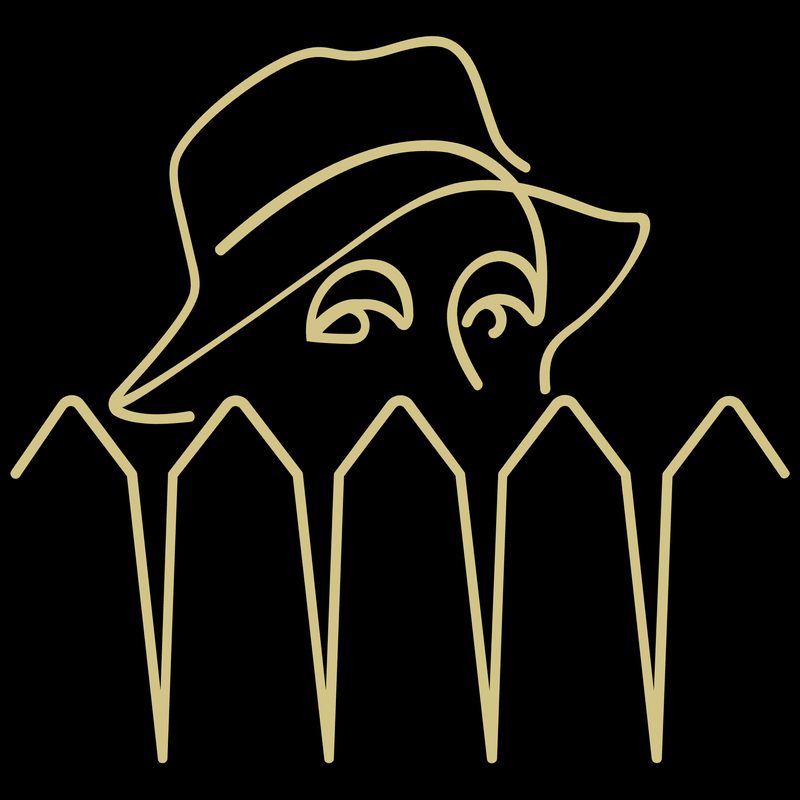 A yellow line drawing of a character in a hat peeking over a picket fence, on black.