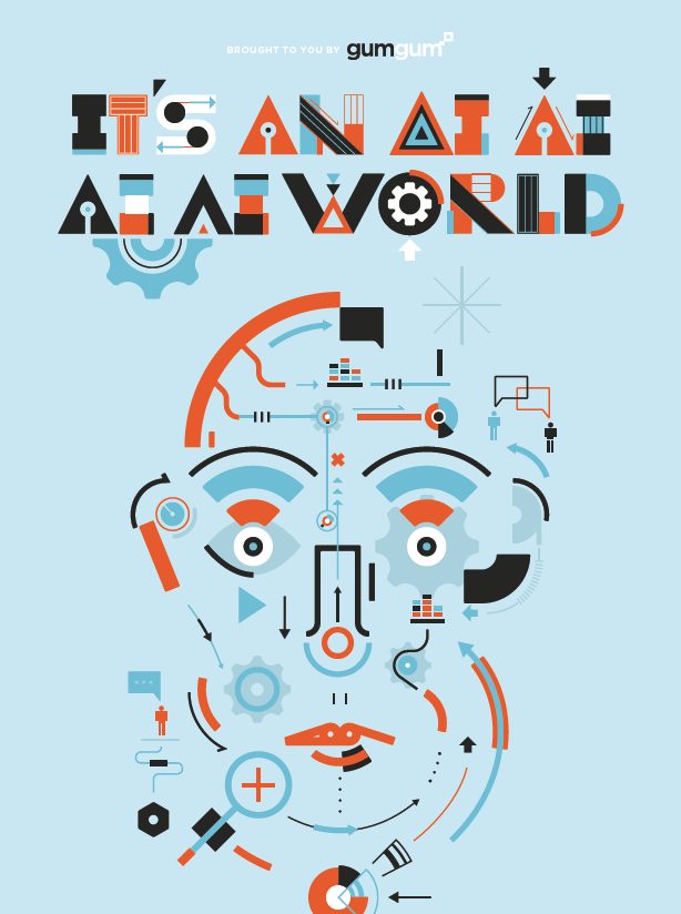 A light-blue guide cover headed It's an AI AI AI AI World, with a robot face built from wires, dials and gears.