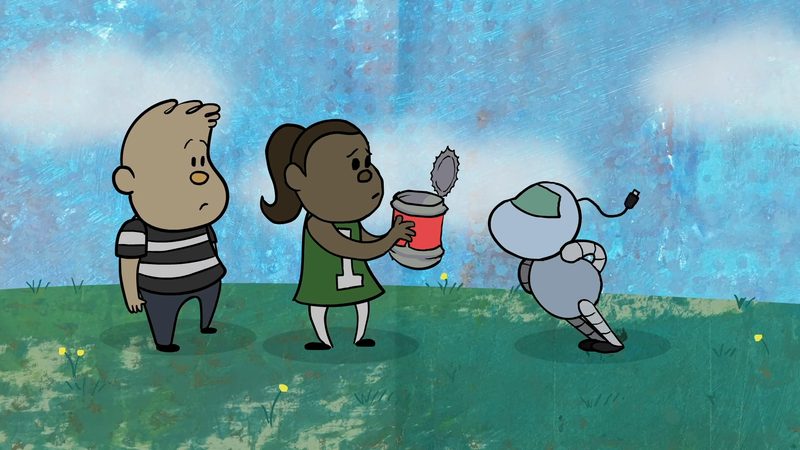 An animation frame: two cartoon children and a small robot stand on grass under a blue sky.