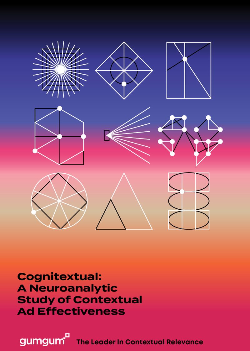 A guide cover with line-drawn geometric shapes over a black-to-pink gradient, titled Cognitextual: A Neuroanalytic Study of Contextual Ad Effectiveness.