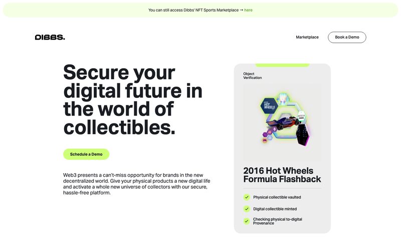 The dibbs.io home page: the headline Secure your digital future in the world of collectibles, a Schedule a Demo button and a card for a vaulted Hot Wheels car.