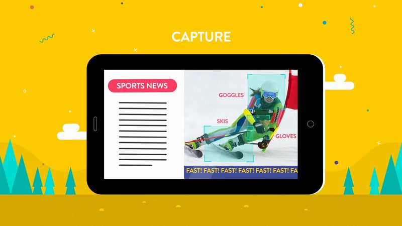 An animation frame: a tablet showing a sports-news page, with a skier's goggles, skis and gloves outlined and labelled, under the word Capture.