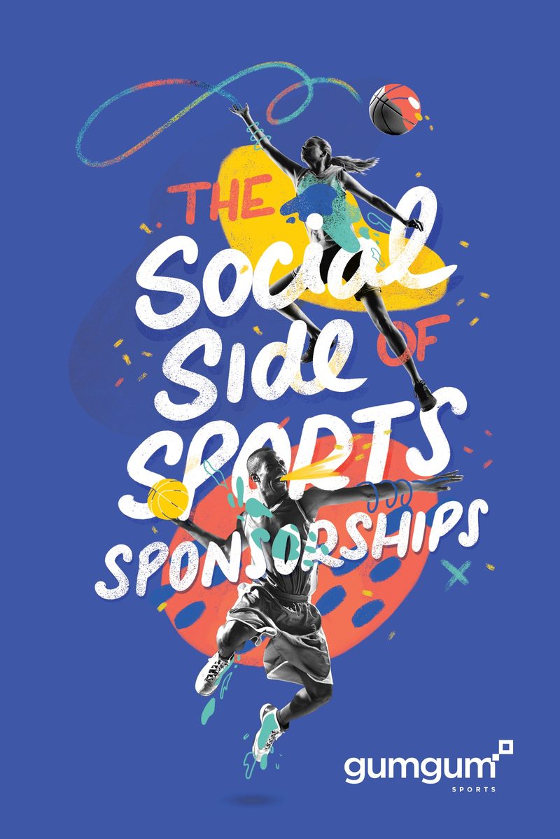 A guide cover in deep blue: hand-lettered words The Social Side of Sports Sponsorships around illustrated athletes leaping for a ball, with the GumGum Sports logo.